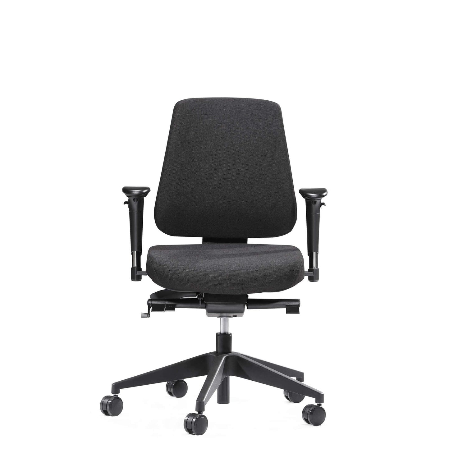 Ergonomisk sort kontorstol med justerbare armlæn og hæve-sænke funktion, ideel til sundt arbejdsmiljø.